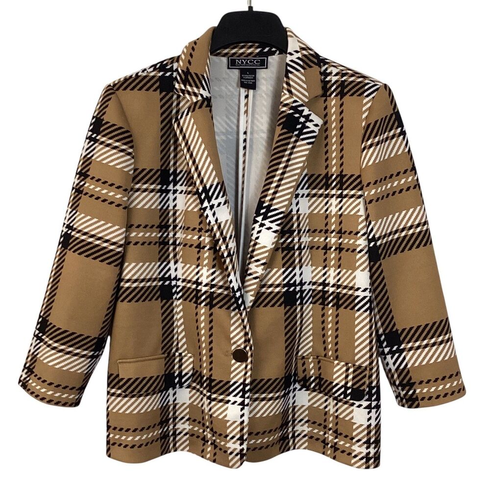 NYCC New York Clothing Co Tan Black Plaid 3/4 Sleeve Single Button Blazer Large